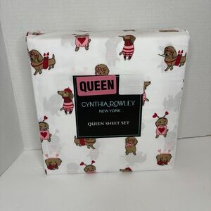 Cynthia Rowley Queen Sheet Set Valentine's Day Dachshund Dog Hearts Cute Love